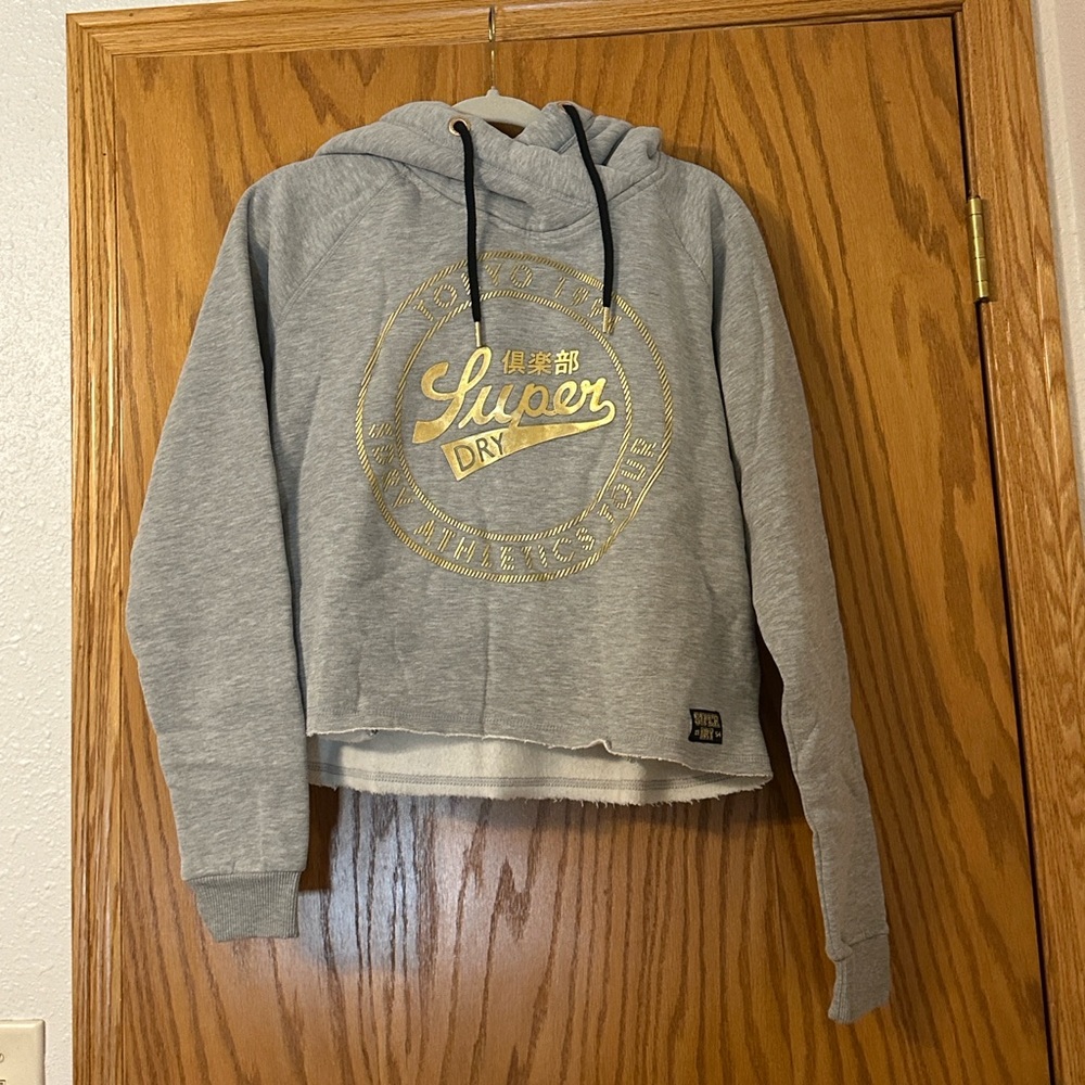 Superdry Ace Metal Crop Hoodie - NWT - Size 10 Gray Hoodie with Gold Logo - Picture 2 of 16
